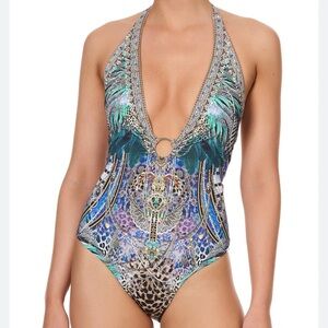 $359 Camilla XS Crystals Rhinestones Ring Detail Plunge V One Piece Swimsuit
